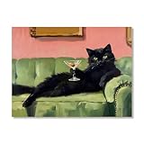 Yoljun Katzen Deko Leinwand Bilder, Schwarze Katze Martini 