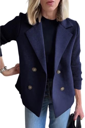 ebossy Women's Double Breasted Wool Pea Coat Notched Lapel Ribbed...