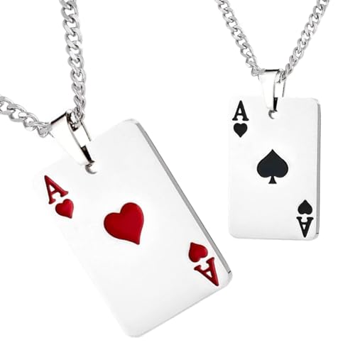 BFUZXY 2 Pezzi Collana Uomo Acciaio Inossidabile,Collana Coppia in Argento,Collane da Uomo,Asso di Picche e Asso di Cuore Ciondolo Catenina...