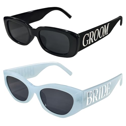 MIUSKATL 2 Pcs Bride and Groom Sunglasses Set Marble Wedding Glasses for Couple Engagement Bachelorette Bridal Party Gift (Black Blue)