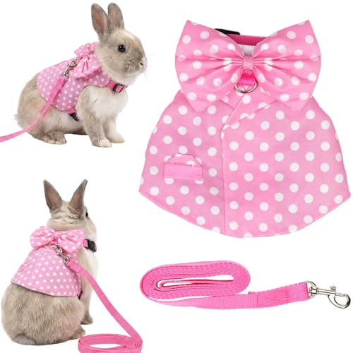 Kutyndrix Bunny Harness and Leash Set Soft Mesh Rabbit Harness with Bow Adjustable Escape Proof Vest for Small Pets Rabbits Kittens Guinea Pigs (Pink Polka Dots M)