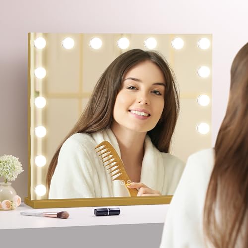 Image of Vanity Mirror with Lights 23.6''x20.5'' Makeup Mirror with Lights Lighted Up Mirror with Dimmable Bulbs,3 Color Lighting Modes,USB Charging Port Touch Control Design Gifts for Women Gold