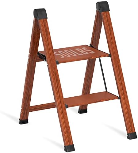 Step Ladder 2 Step Folding Two Step Stool Kitchen Ladder Heavy Duty Step Stool 500 Lbs Step Ladder with Handrails Tall Step Ladder Small Ladders for Home (Woodgrain, 2 Step Ladder)