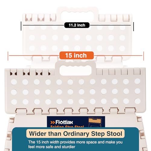 Image of Flottian 9 inch Folding Step Stool for Adults and Kids 15-Inch Extra Wide Stool Holds Up to 300 lbs,Non-Slip Folding Stools with Handle,Compact Plastic Foldable Step Stool for Bathroom,Kitchen,ect,Khaki
