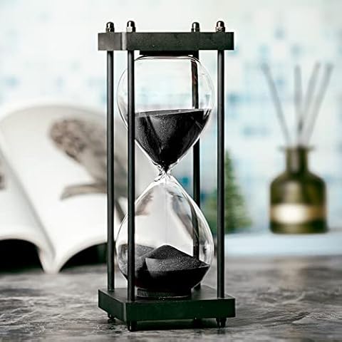 Hourglass Timer 60 Minute, Black Wooden Frame Decorative Sand Timer (Black Sand, Large Size) Cover