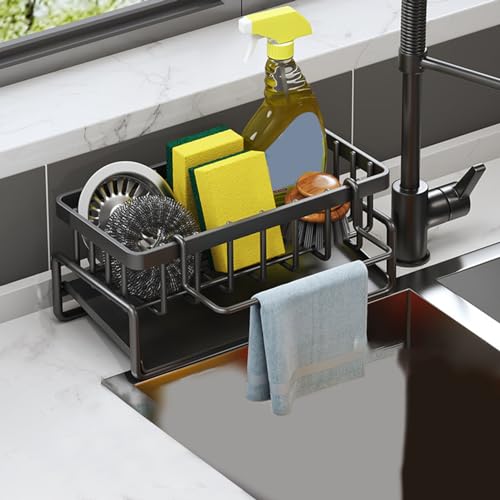 Libcflcc Support de rangement pour torchons, porte-éponge en acier inoxydable avec bac de vidange, organisateur de cuisine polyvalent, bouchon d'évier, conteneur de rangement Noir A – vue 2