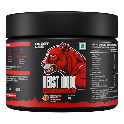 Image of Beastlife Pre-Workout | 105 gm | Fruit Punch Flavor | Boosts Pump & Energy | Speeds Up Recovery | 2000 mg Citrulline | 2500 mg Beta-Alanine | 200 mg Caffeine | 500 mg Betaine