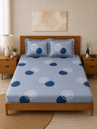 Image of 380 TC Premium Glace Cotton Elastic Fitted Bedsheet King Size with 2 Pillow Covers King Size | Double Bed with All Around Elastic (Grey Gola, Fitted - Double72x72)