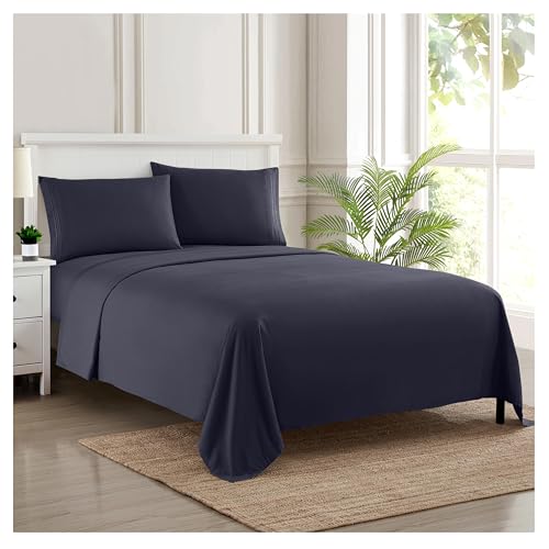 Image of 1800 Thread Count Sheet Set - Soft Egyptian Quality Brushed Microfiber Sheets - Luxury Bedding Set with Flat Sheet, Fitted Sheet, 2 Pillow Cases, Navy