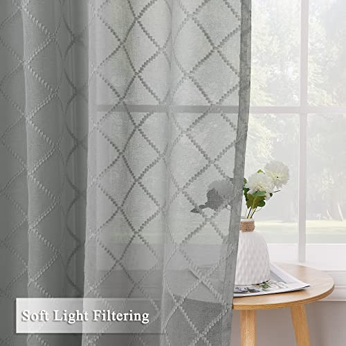 Grey Sheer Curtains 84 Inch Length 2 Panels Set, Embroidery Geometric Sheer For Living Room Bedroom, Grommet Light Filtering Semi Sheer Curtains Textured Linen Look Diamond Lattice Window Treatment #TOP3