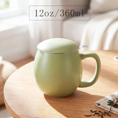 Image of Yundu 12 OZ Matte Light Green Ceramics Teacup with Infuser and Lid, Mug with Lid for Steeping - Stainless Steel Infuser for Loose Leaf Tea, Home Office Gift for Tea Lovers