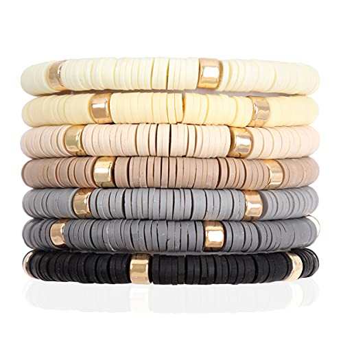 RIAH FASHION Bohemian Multi-Layer Beaded Stacking Statement Bracelets - Versatile Strand Stretch Sparkly Crystal Beads Wrap Slip-on Cuff Bangle Set (Disc Bead Multi 7 Layer - Black Multi)