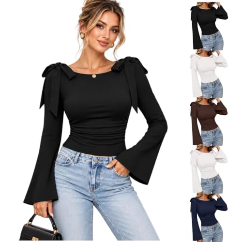 Fall Tops for Women 2026,Fall Tops for Women Elegant Bell Long Sleeve Slim Fit Shirts 2026 Trendy Y2K Casual Going Out Date Night Blouses,01-Black,L - image 1