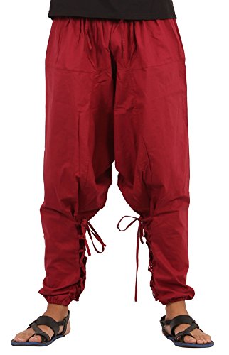 THS Mens Womens Boho Hippie Wide Leg Cotton Comfy Harem Pants - Samurai Style (Maroon), One Size