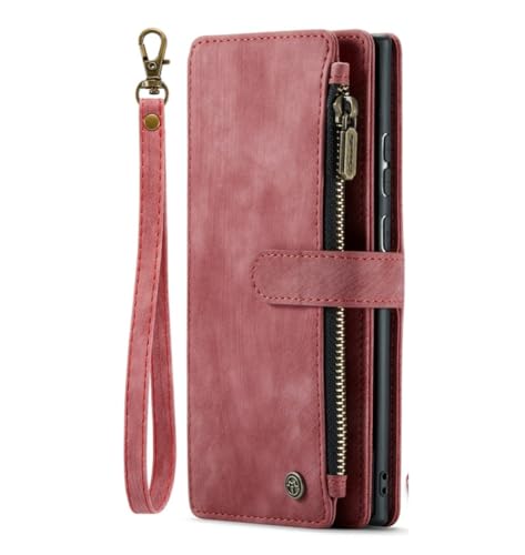 Étui portefeuille en cuir de style maroquinerie rouge pour Galaxy S22 Plus