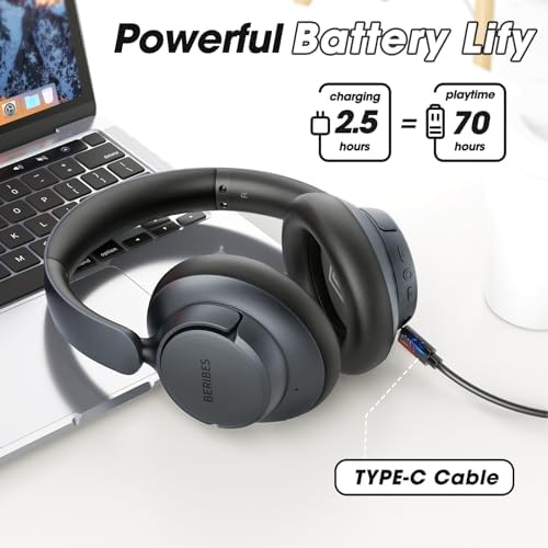 BERIBES Upgraded Hybrid Active Noise Cancelling Headphones with Transparent Modes,70H Playtime Bluetooth Headphones Wireless Bluetooth with Mic, Deep Bass,3.5MM Cable,Soft-Earpads,Fast Charging-Black - 2