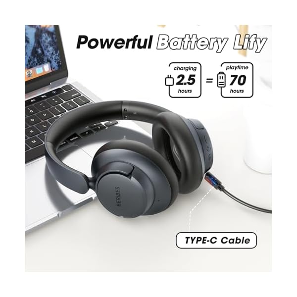 BERIBES Upgraded Hybrid Active Noise Cancelling Headphones with Transparent Modes,70H Playtime Bluetooth Headphones Wireless Bluetooth with Mic, Deep Bass,3.5MM Cable,Soft-Earpads,Fast Charging-Black - Image 4
