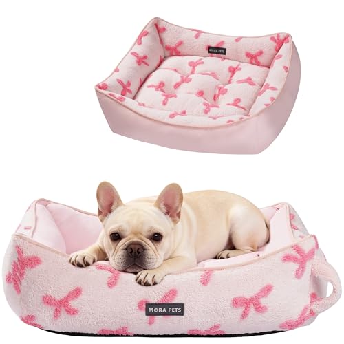 Mora Pets Reversible Dog Bed for Medium Size Dogs Washable - Cool & Warm 2-in-1 Anti Anxiety Calming Pet Bed for Summer Rectangle Puppy Bed with Non Slip Bottom Cute Pink Bow (30x24x8)