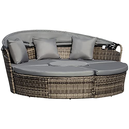 Outsunny Outdoor PE Rattan Garden Furniture with Cushioned, Patio Wicker Conversation Furniture Set, Round Daybed with Retractable Canopy, Coffee Table and Three Pillows, Dark Grey/Grey