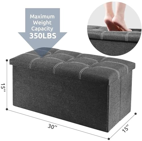 Image of Storage Bench Folding Ottoman Foot Rest Stool, 76 * 38 * 38 cm Grey Linen Footstool, Short Ottoman Bench, Foot Rest Store as Books, and Blanket Storage or Others