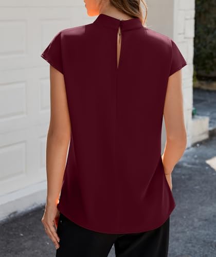 Image of Funlingo Womens Summer Tops Mock Neck Short Cap Sleeve Blouses Business Casual Work Chiffon Shirts Front Pleated Tunic Top