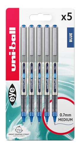 uni-ball UB-157 Eye Rollerball Pens. Premium Fine 0.7mm Ballpoint Tip for Super Smooth Handwriting, Drawing, Art, Crafts and Colouring. Fade and Water Resistant Liquid Uni Super Ink. Pack of 5 Blue