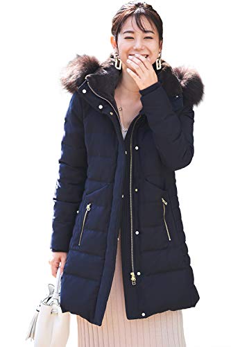 [ルイ ルエ ブティック] ラクーンファー サイドジップ スリット ダウン コート レディース ダウンコート ダウンジャケット ファー リアルファー ロング アウター 防寒 スリム 大きいサイズ カジュアル 通勤 L(11号) ネイビーD790-L-NE