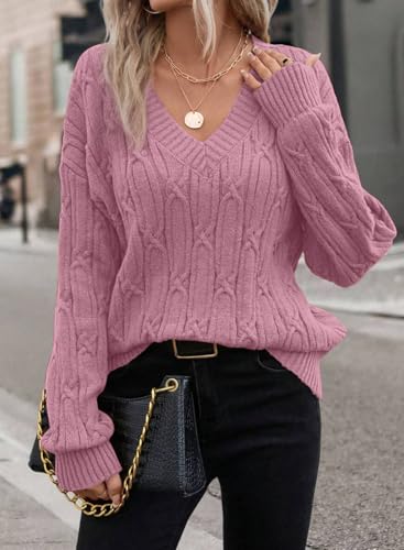 SHEWIN Womens Sweaters Casual V Neck Long Sleeve Cable Knit Crochet Sweater Fall Outfits for Women 20253