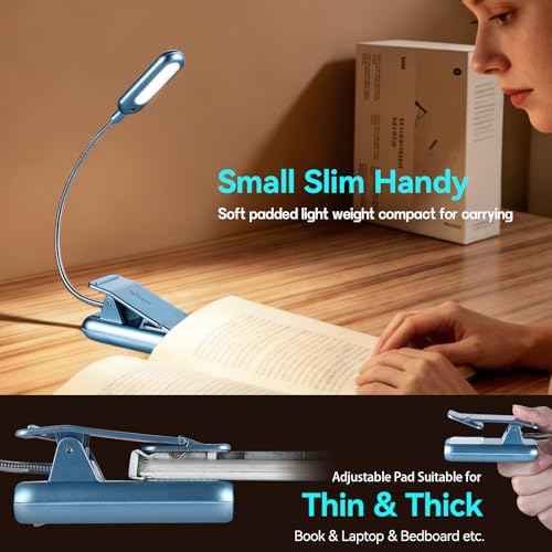 Image of VAVOFO Rechargeable Reading Light, 7 LEDs with 9 Color Temperature 9 Brightness Levels Clip On Book Light for Reading in Bed with Power Indicator for Bookworms (Silver Blue)