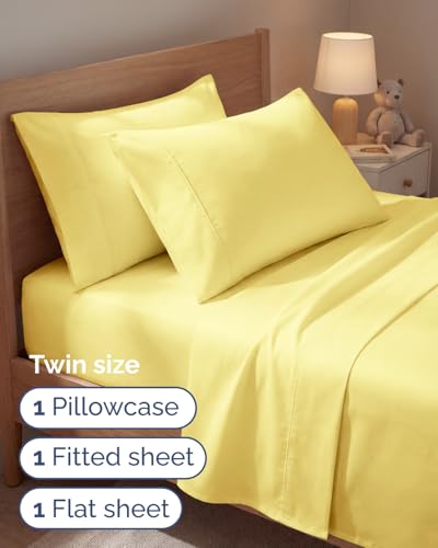 Image of Twin 4 Piece Bed Sheet Set - Comfy, Breathable & Cooling Sheets - Yellow | Ultra Soft Hotel Luxury Bedding Set with 8-16 Inch Deep Pockets, 1 Flat & 1 Fitted Sheet & 2 Pillowcases, Wrinkle & Fade Free