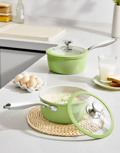 Image of Nonstick Ceramic Saucepan with lid, Small Cooking Pot with handle, Induction Comptable (Green, 2.5 Quarts)