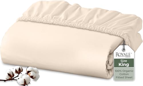 Image of Royale Linens 100% Organic Cotton Fitted Sheet - Percale Weave - Super Soft Deep Pocket Bottom Sheets - Cream Elastic Sheet King Size - King Fitted Sheets Only - (78 inchx80 inch+15 inch, Cream)