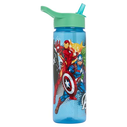 Marvel Avengers Kids Water Bottle with Flip-Top Lid Built-in Straw and Carry Handle Blue 600ml