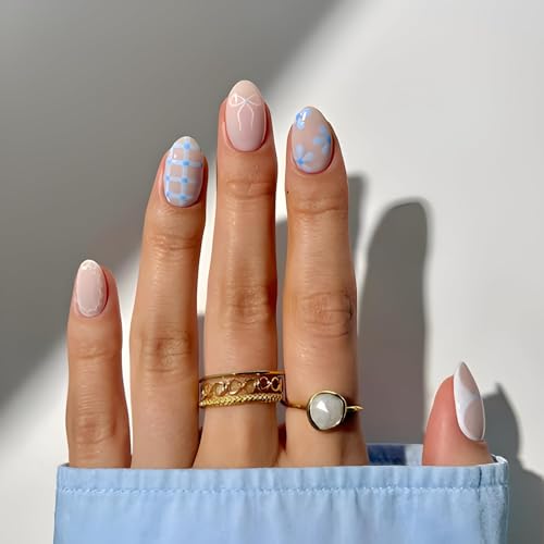 Spring Blue Press On Nails Short Almond Fake Nails Full Cover Fal...