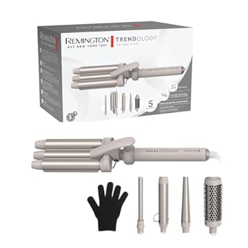 Remington Ferro Arricciacapelli 5in1, Ondulatore, [3 Bacchette in ceramica 13-,33mm, Spazzola rotonda, Accessorio Onde] Display LED 130-210°C, Onde da spiaggia, Ricci spiralati e naturali CI41MS5E51