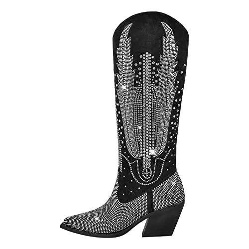 Women's Knee High Boots Cowboy Cowgirl Western Boots Rhinestone Bling Side Zipper Chunky Heel Fashion Shoes - Main Image