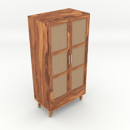 Image of Solid Sheesham Wood 2 Door Wardrobe with Rattan Cane Work & 3 Drawer | Rosewood Almirah for Bedroom Storage (Natural Finish)