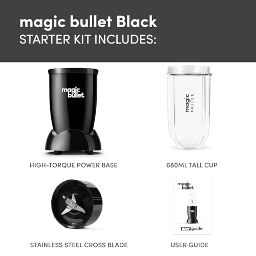 nutribullet magic bullet Starter Kit in Black - All-in-one Food Processor & Blender - 10,000 RPM Speed - with High Torque Power Base, Tall Cup & Flip Top Lid and Cross Blade - 2