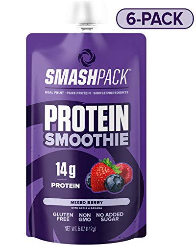 SmashPack Mixed Berry Protein Fruit Smoothie Pouch 6 Pack | 14g Whey Protein with MCT Oil | Paleo Friendly, No Added Sugar, Gluten Free, Soy Free, Non-GMO | 100% BPA Free | 5 oz Squeeze Pouches