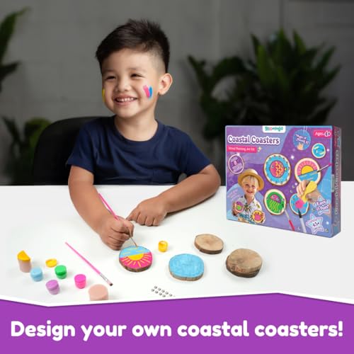 Image of Bloomingo Art & Craft Kit for Ages 4+ - Coastal Coasters - Wood Painting Art Kit | Easy-to-follow instructions | DIY kit for kids | 6 Wooden Coasters | Wood Painting | Beach-themed coasters | Crabs | Shells | Fish | Neon paints | Gem stickers | Create and decorate