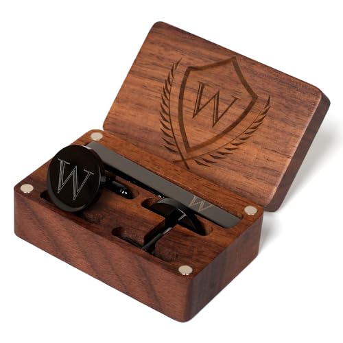 Image of Mens Initial Cufflinks and Tie Clip A-Z Alphabet Letter Black Stainless Cuff Links Tie Bar with Engraved Walnut Wood Box Groom Groomsman Wedding Set