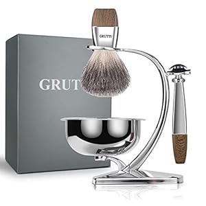 GRUTTI Vintage Deluxe Rasierset：Nassrasier-Set mit Magnet-Schale, Edelstahl Bürstenständer& Anti-Rutsch Design