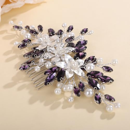 Peine de boda con cristales y perlas moradas vintage miniatura 3
