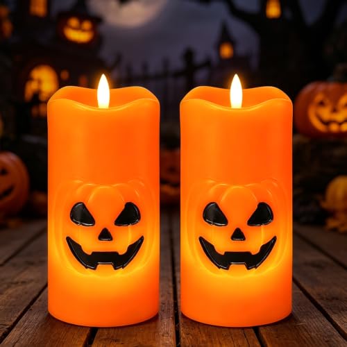 Image of Halloween Pumpkin Flameless Pillar Candles with 6H Timer, 2PCS