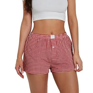 Y2K Boxer Shorts for Womens Low Waist Plaid Lounge Shorts Elastic Cute Gingham Pajamas Bottoms Summer Sleep Shorts