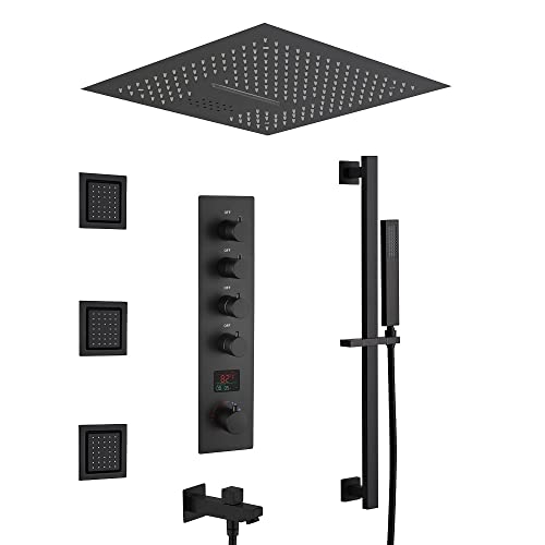 Cascada Luxury 16” LED Shower System con altavoz Bluetooth incorporado, 4 funciones (Lluvia, Cascada, jets corporales y ducha de mano) y control remoto para cambio de color LED (Níquel cepillado)