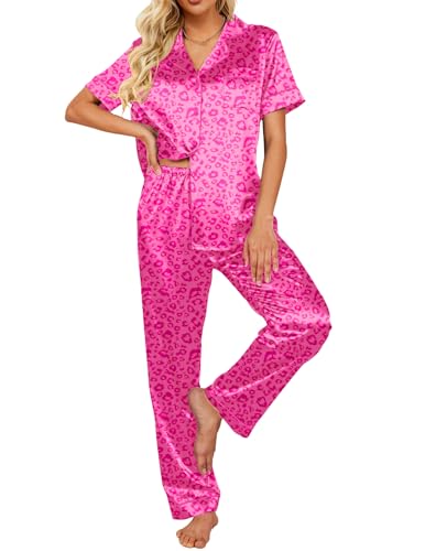 Image of Ekouaer 2 Piece Satin Short Sleeve Pajamas Set Button Down Sleepwear | Soft Pjs Set Classic Loungewear for Wedding, Party, Home, Daily Wear, Date Nights