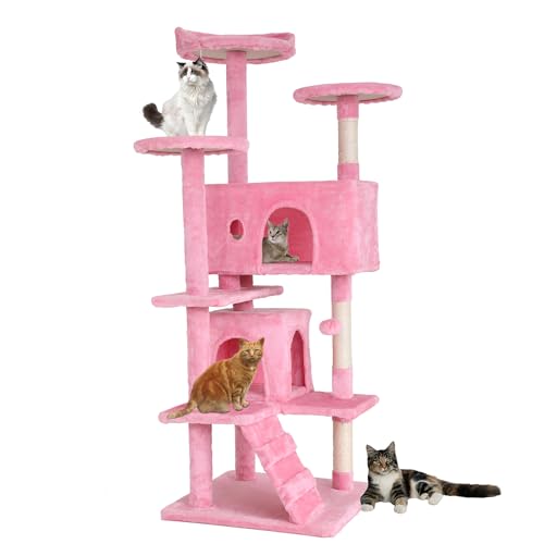 Albero per gatti, altezza 139 cm, giro per giochi per gatti con 2 nicchie, 3 piattaforme, 2 palline in Sisal, albero da arrampicarsi multilivelli, ideale per 3-4 gatti, rosa