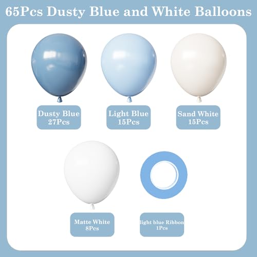 Image of Dusty Blue Balloons, 65Pcs Light Blue Balloons 12Inch Baby Blue and White Balloons for Baby Shower Gender Reveal Birthday Wedding Thick & Durable