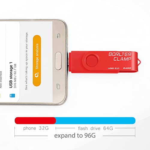 Image of BorlterClamp 64GB USB Flash Drive Dual Port Memory Stick, OTG Thumb Drive with Micro USB Drive Port for Android Smartphone Tablet & Computer (Red)